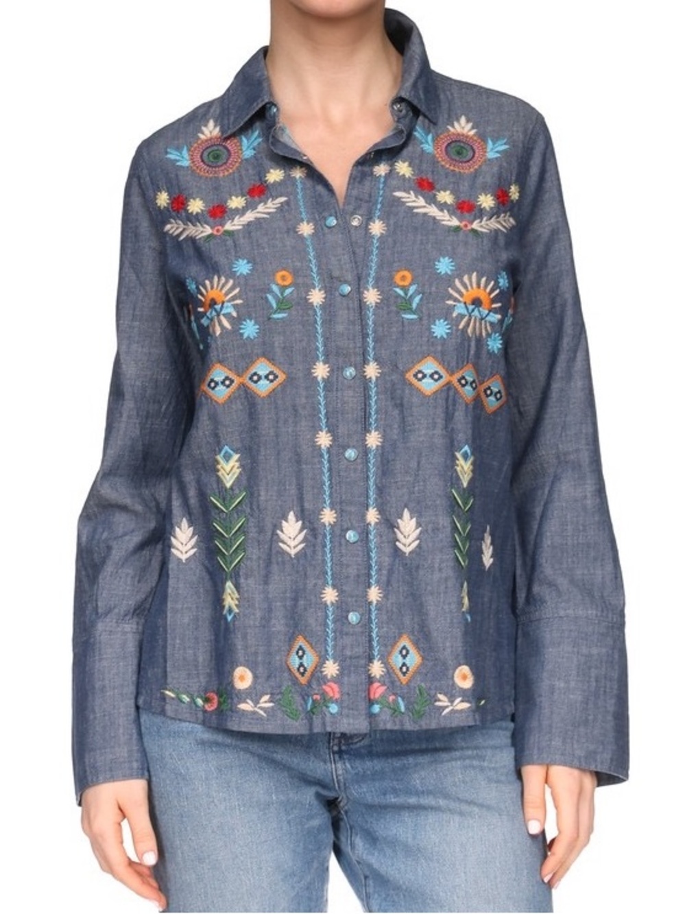 Johnny Was Embroidered Button Down Chambray Shirt